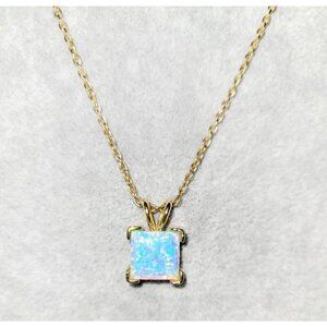 Lab Created Blue Opal Pendant Necklace Square Stone 20" Gold Tone Chain